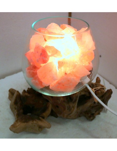 Lampada di sale irripetibile creata in vetro soffiato su legno lasciato naturale salgemma Himalaya cm 30x20x26 n.13792
