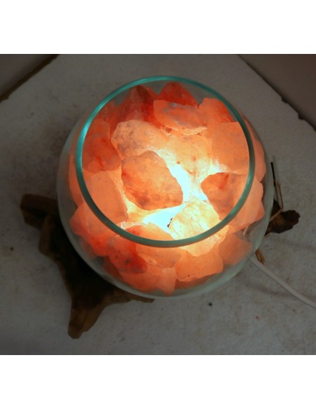 Lampada di sale irripetibile creata in vetro soffiato su legno lasciato naturale salgemma Himalaya cm 30x20x26 n.13792