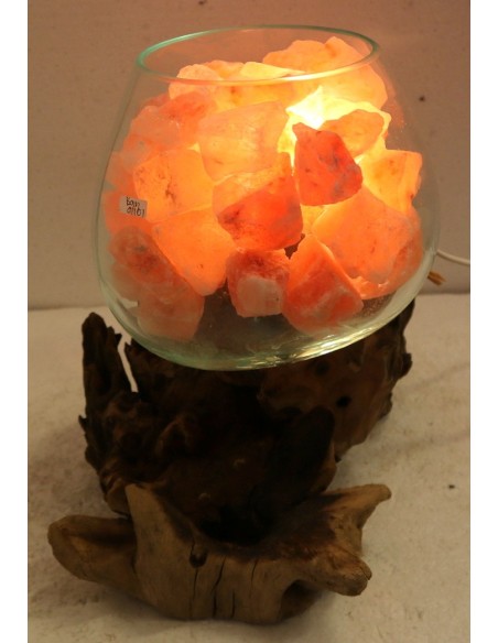 Lampada di sale irripetibile creata in vetro soffiato su legno lasciato naturale salgemma Himalaya cm 30x20x26 n.13792
