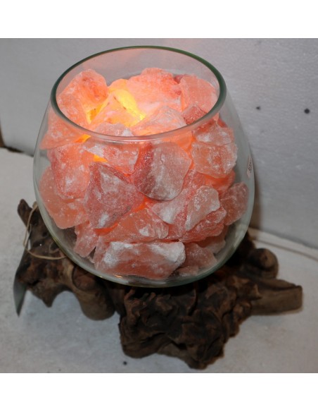 Lampada di sale irripetibile creata in vetro soffiato su legno lasciato naturale salgemma Himalaya cm 30x20x26 n.13792