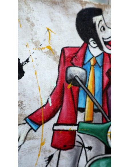 Quadro Lupin III cm 80x80 con Fujiko Margot in Vespa idipinto su Juta stilizzato pop art moderno arredo