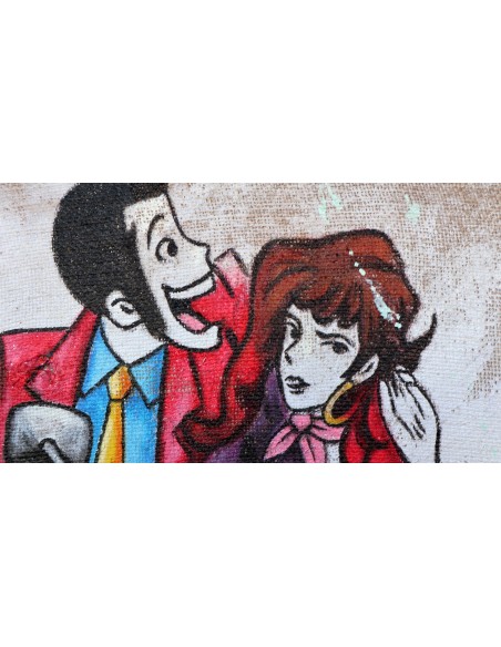 Quadro Lupin III cm 80x80 con Fujiko Margot in Vespa idipinto su Juta stilizzato pop art moderno arredo