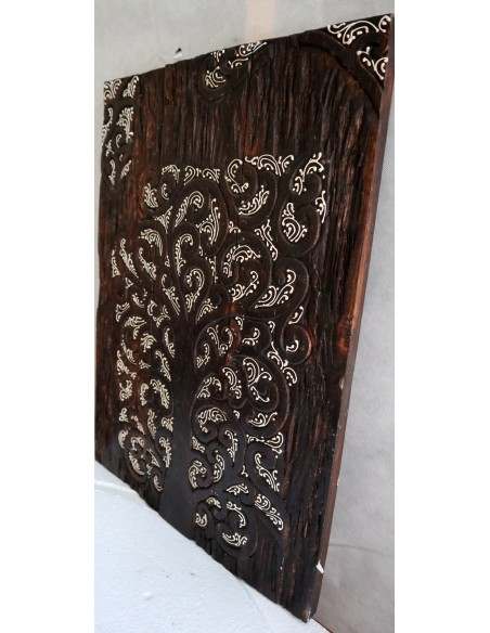 Pannello Quadro in legno albero della vita arredo cm 60x42x2 intagliato e dipinto