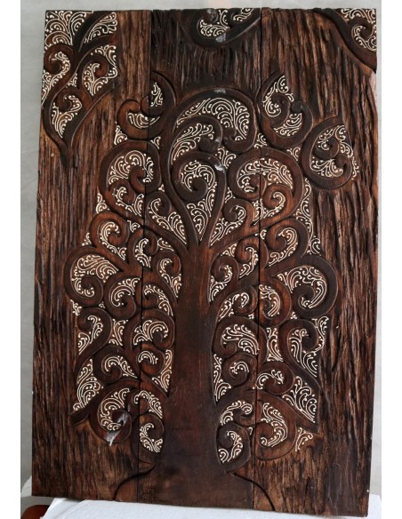 Pannello Quadro in legno albero della vita arredo cm 80x54x2 intagliato e dipinto