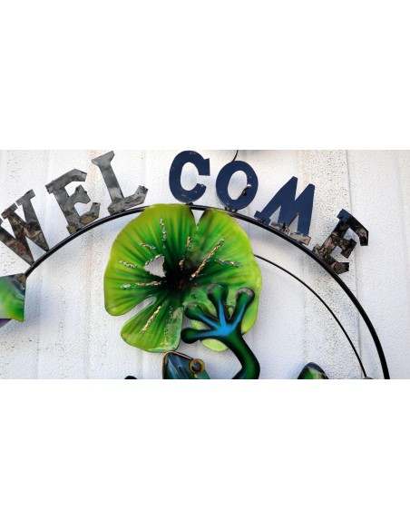 Pannello welcome con una rana in metallo creata e colorata mano cm 58x38 dipinte realizzate artigianalmente