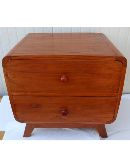 Comodini in teak massello stile anni 70 con gambe a V e 2 cassetti color naturale