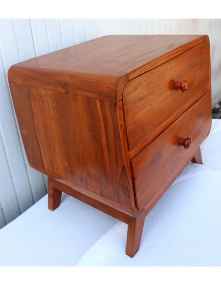 Comodini in teak massello stile anni 70 con gambe a V e 2 cassetti color naturale