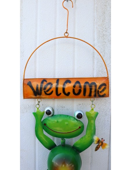 Pannello welcome con una rana in metallo creata e colorata mano cm 60x25 dipinte realizzate artigianalmente