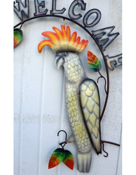 Pannello welcome con un pappagallo Calopsitta in metallo creata e colorata mano cm 54x45 dipinte realizzate artigianalmente