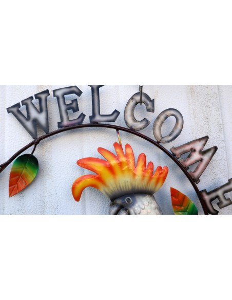 Pannello welcome con un pappagallo Calopsitta in metallo creata e colorata mano cm 54x45 dipinte realizzate artigianalmente