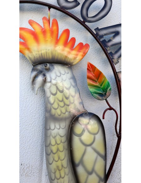 Pannello welcome con un pappagallo Calopsitta in metallo creata e colorata mano cm 54x45 dipinte realizzate artigianalmente