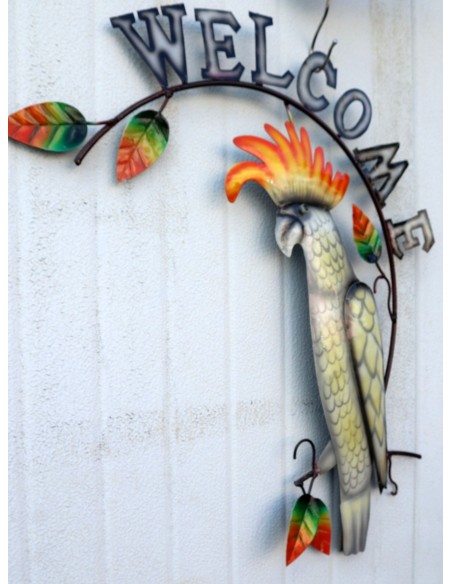 Pannello welcome con un pappagallo Calopsitta in metallo creata e colorata mano cm 54x45 dipinte realizzate artigianalmente
