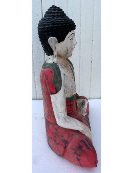 Buddha scultura il legno massello noce indiano o suar cm 50hx40x18 rosso e bianco anticato