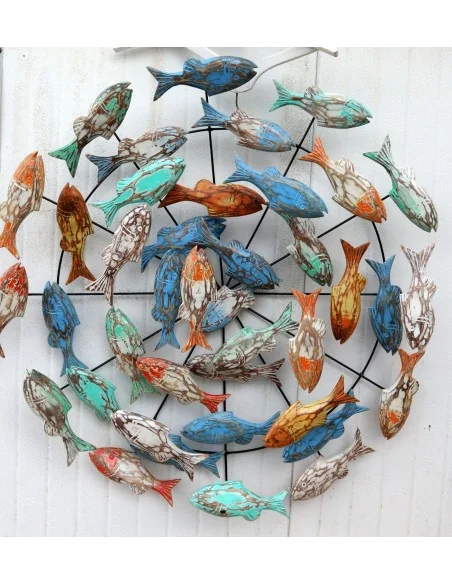 Pannello marino in metallo con pesci in legno colorati creato e colorato mano cm 85x15