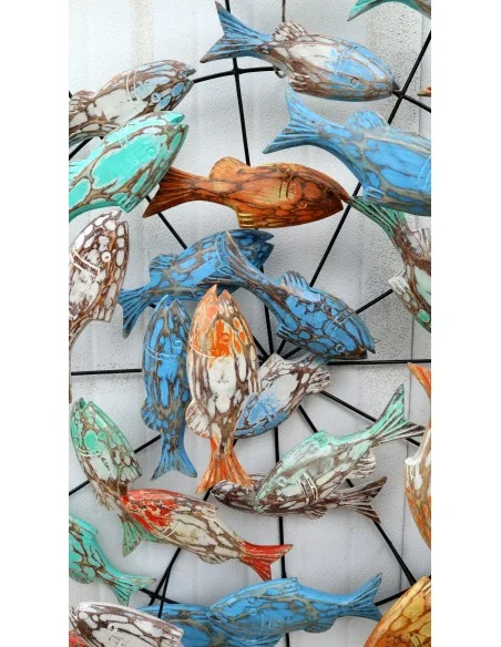 Pannello marino in metallo con pesci in legno colorati creato e colorato mano cm 85x15