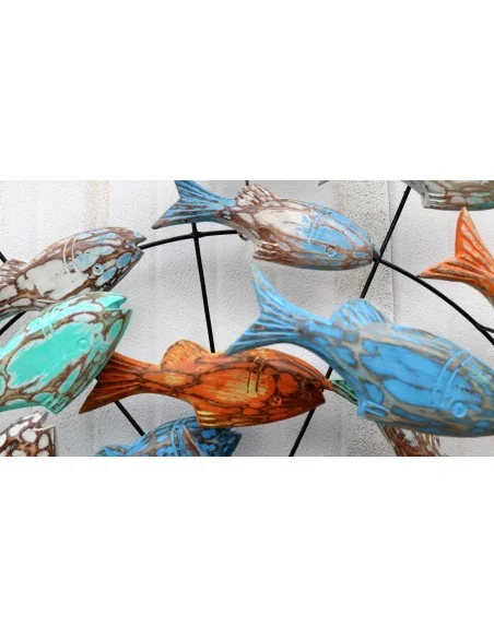 Pannello marino in metallo con pesci in legno colorati creato e colorato mano cm 85x15