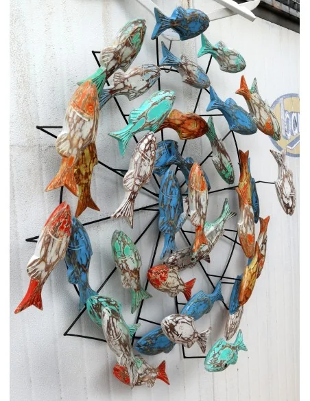 Pannello marino in metallo con pesci in legno colorati creato e colorato mano cm 85x15