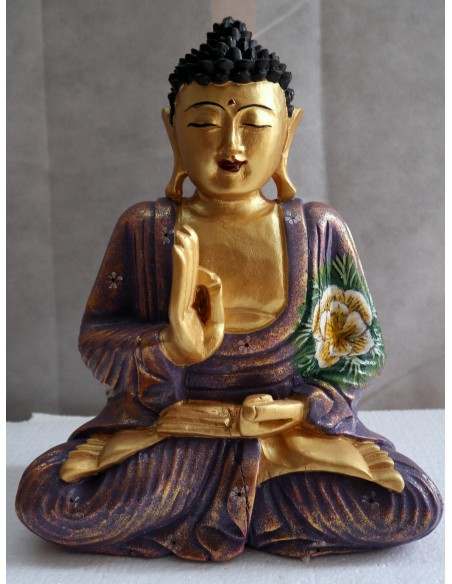 Buddha scultura il legno massello noce indiano o suar cm 25x12x30h viola e oro con fiori statua