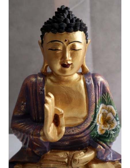 Buddha scultura il legno massello noce indiano o suar cm 25x12x30h viola e oro con fiori statua