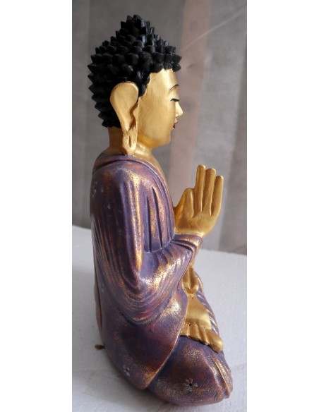 Buddha scultura il legno massello noce indiano o suar cm 25x12x30h viola e oro con fiori statua
