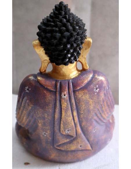 Buddha scultura il legno massello noce indiano o suar cm 25x12x30h viola e oro con fiori statua