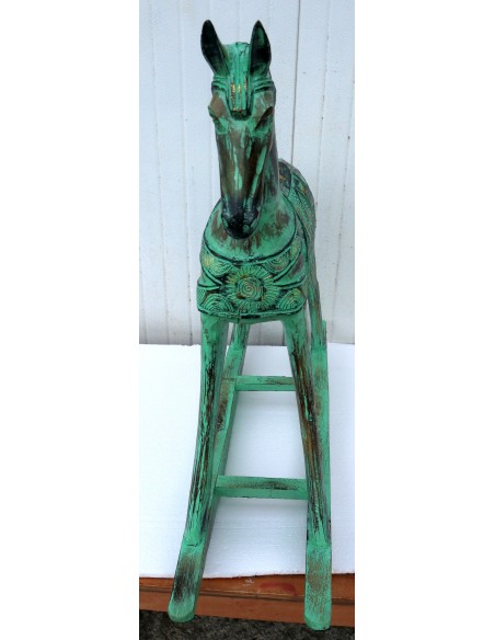Cavallino a dondolo in legno cavallo creato dipinto a mano verde oro83x24x78h