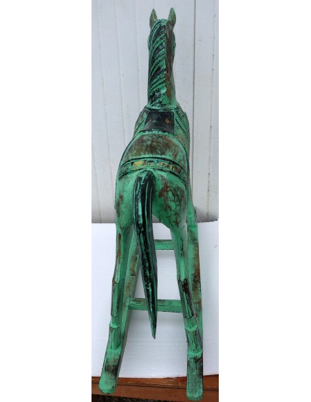 Cavallino a dondolo in legno cavallo creato dipinto a mano verde oro83x24x78h