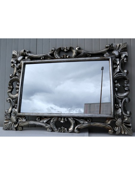 Specchio barocco in legno intarsiato cm 100x70 argento anticato mod. Hollywood