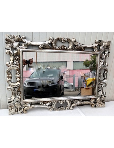 Specchio barocco in legno intarsiato cm 100x70 argento anticato mod. Hollywood