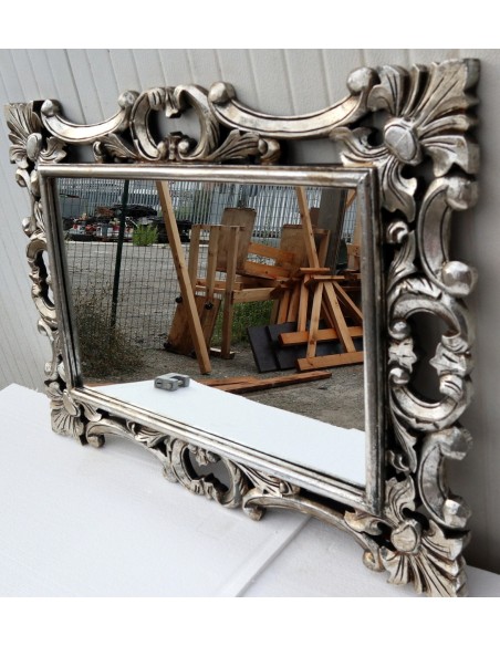Specchio barocco in legno intarsiato cm 100x70 argento anticato mod. Hollywood