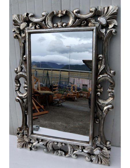 Specchio barocco in legno intarsiato cm 100x70 argento anticato mod. Hollywood