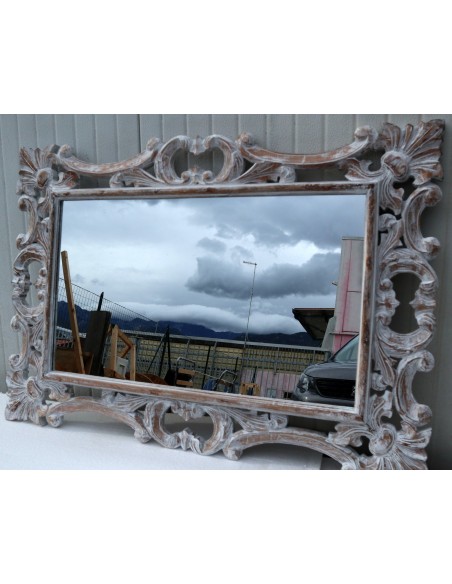Specchio barocco in legno intarsiato cm 100x70 bianco decapato anticato mod. Hollywood