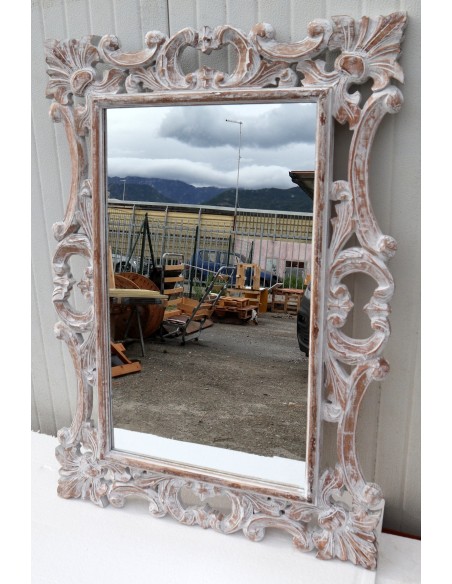 Specchio barocco in legno intarsiato cm 100x70 bianco decapato anticato mod. Hollywood