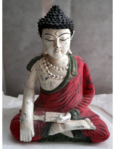 Buddha scultura il legno massello noce indiano o suar cm 27x13x30h bianco rosso anticato statua