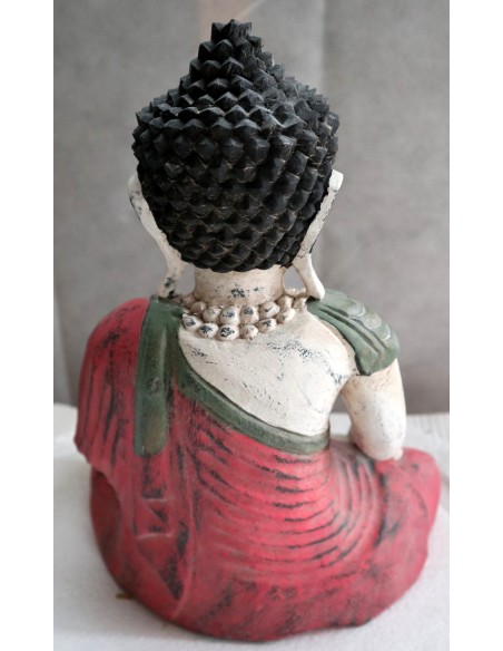 Buddha scultura il legno massello noce indiano o suar cm 27x13x30h bianco rosso anticato statua