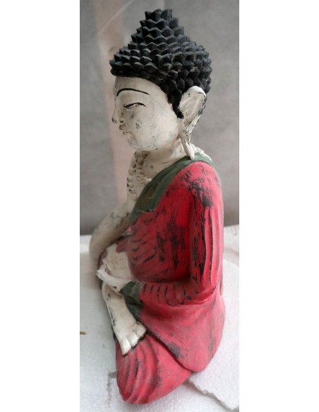 Buddha scultura il legno massello noce indiano o suar cm 27x13x30h bianco rosso anticato statua