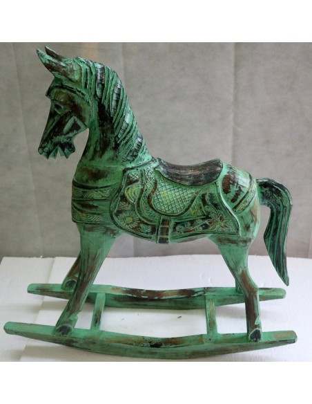 copia di Cavallino a dondolo in legno cavallo creato dipinto a mano verde oro 60x15x60h