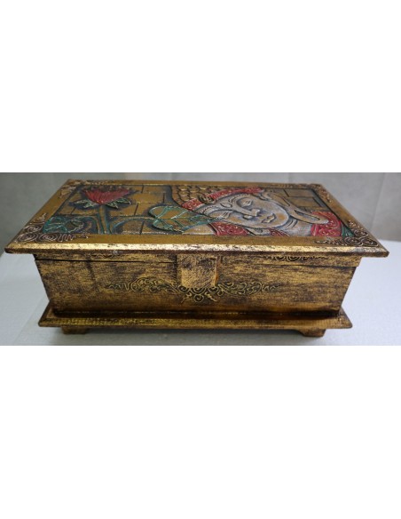Baule cassapanca in legno di albesia con volto di Buddha color oro cm 40x25x20 new