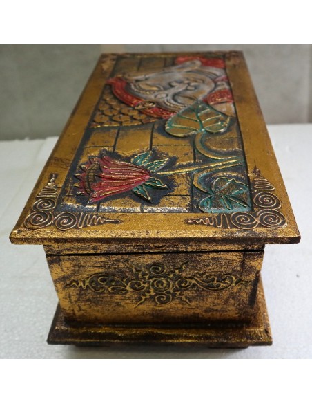 Baule cassapanca in legno di albesia con volto di Buddha color oro cm 40x25x20 new