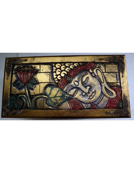 Baule cassapanca in legno di albesia con volto di Buddha color oro cm 40x25x20 new