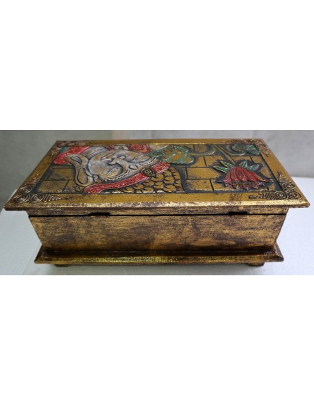 Baule cassapanca in legno di albesia con volto di Buddha color oro cm 40x25x20 new