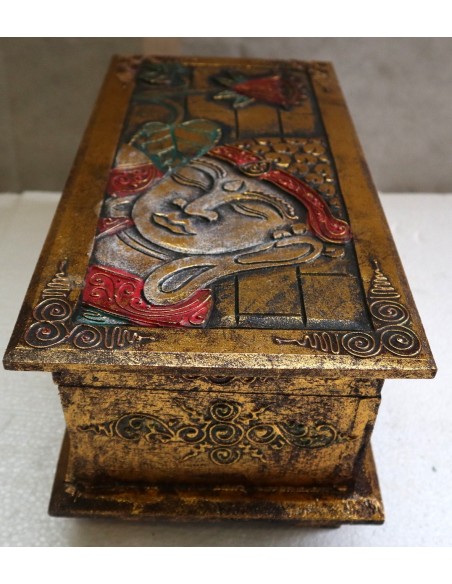 Baule cassapanca in legno di albesia con volto di Buddha color oro cm 40x25x20 new