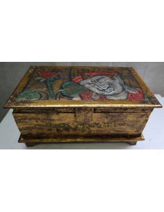 Baule cassapanca in legno di albesia con volto di Buddha...