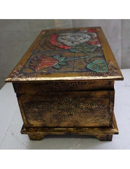 Baule cassapanca in legno di albesia con volto di Buddha color oro cm 50x30x25 new