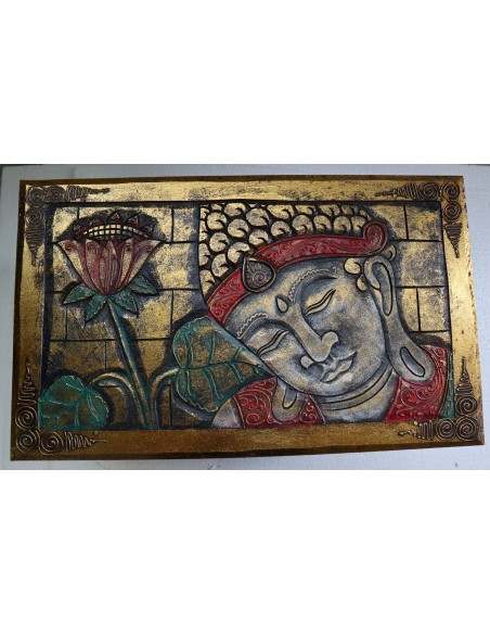 Baule cassapanca in legno di albesia con volto di Buddha color oro cm 50x30x25 new