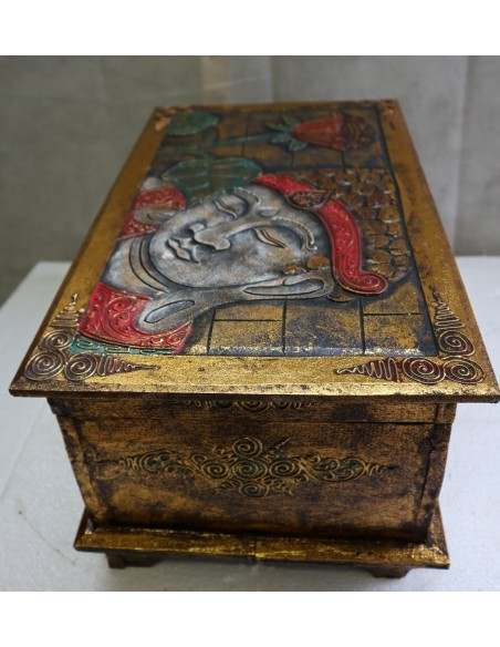 Baule cassapanca in legno di albesia con volto di Buddha color oro cm 50x30x25 new