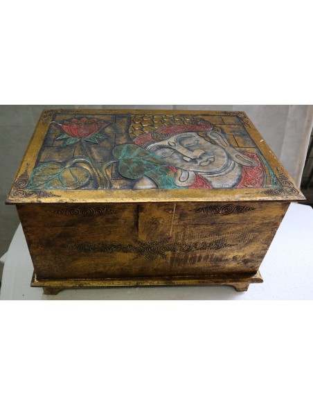 Baule cassapanca in legno di albesia con volto di Buddha color oro cm 60x40x35 new
