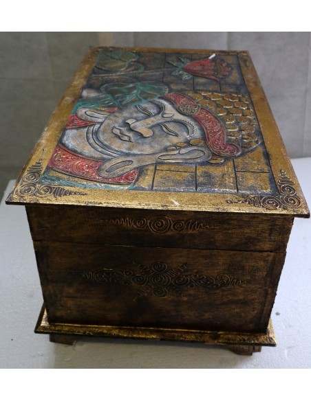Baule cassapanca in legno di albesia con volto di Buddha color oro cm 60x40x35 new
