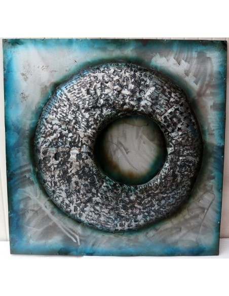 quadro dipinto in metallo a rilievo inciso cm 100x100 astratto azzurro