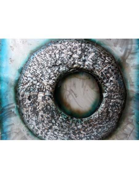 quadro dipinto in metallo a rilievo inciso cm 100x100 astratto azzurro